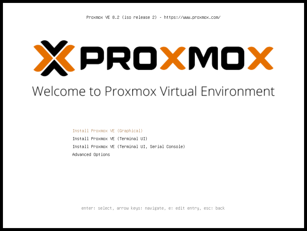 Proxmox VE boot menu showing installation options