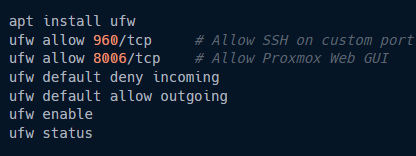 Terminal output showing UFW firewall configuration commands